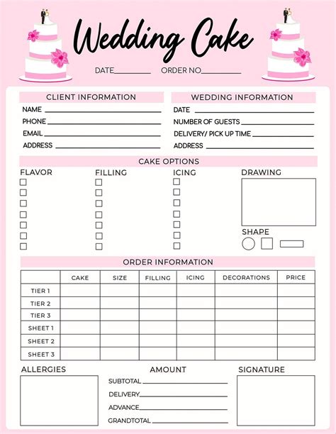 Wedding Cake Pink Order Form Template Editable Bakery Order Etsy