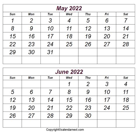 Printable May And June 2022 Calendar With Holidays And Template