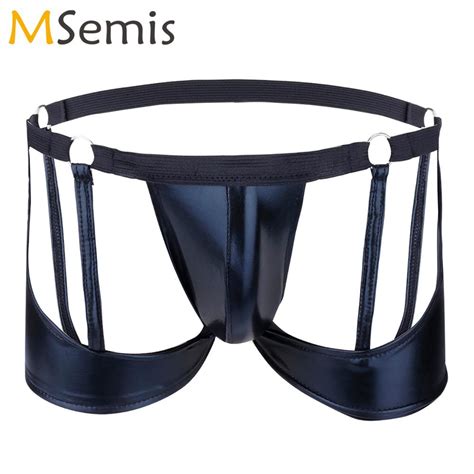 mens sissy strappy open butt crotchless panties hot nightwear patent leather hollow out boxers