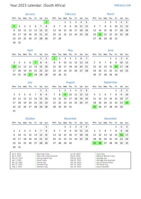 South Africa 2023 Calendar With Holidays Printable Free Printable