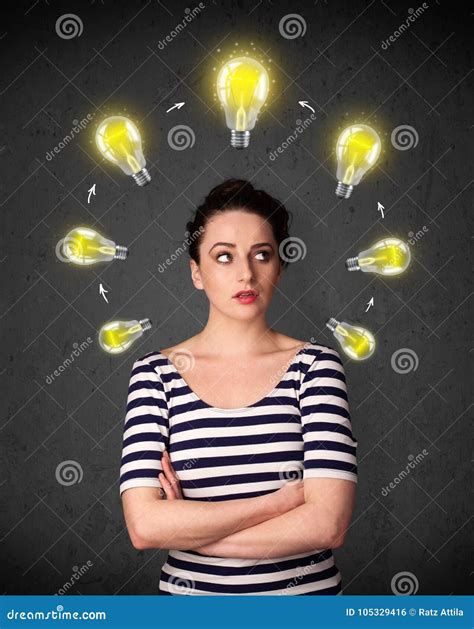 Young Woman Thinking With Lightbulb Circulation Around Her Head Stock