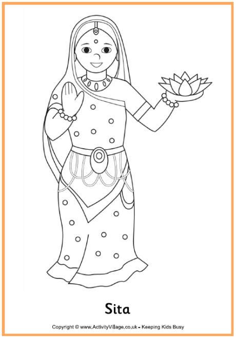 Conventional colouring pages are imprinted on paper or card. Sita Colouring Page for Diwali