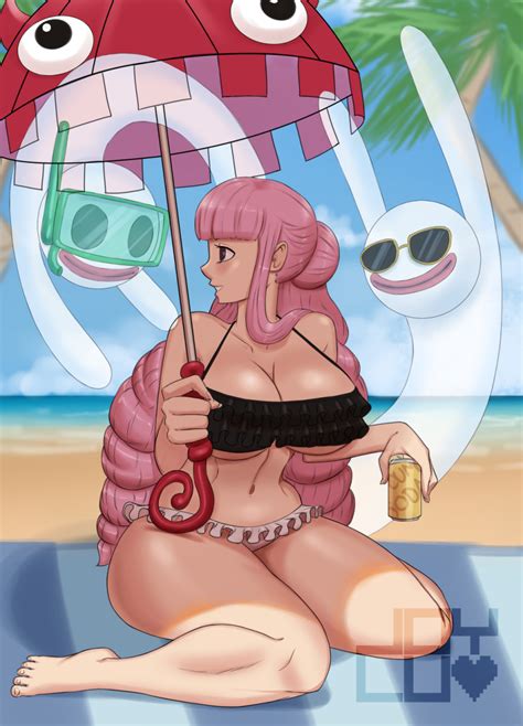 perona one piece artist request highres 1girl barefoot beach bikini breasts curvy