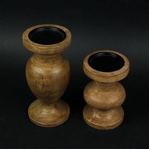 Set Of 2 Turned Wood And Metal Pedestal Pillar Or Votive Candle Holders