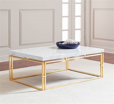 Marble Top Coffee Table With Brass Base Rectangular Chunky White Marble