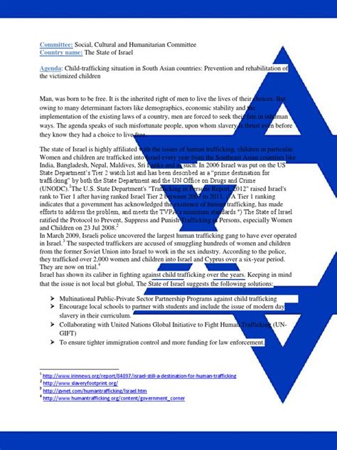 A position paper presents an arguable opinion about an issue. Sochum Israel Position Paper, BRAINWIZ MUN Dhaka Council | Human Trafficking | Disability