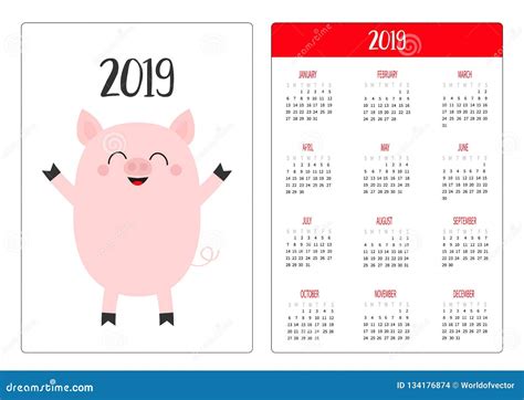 Cute Pig Piggy Pocket Calendar Layout 2019 New Year Week Starts