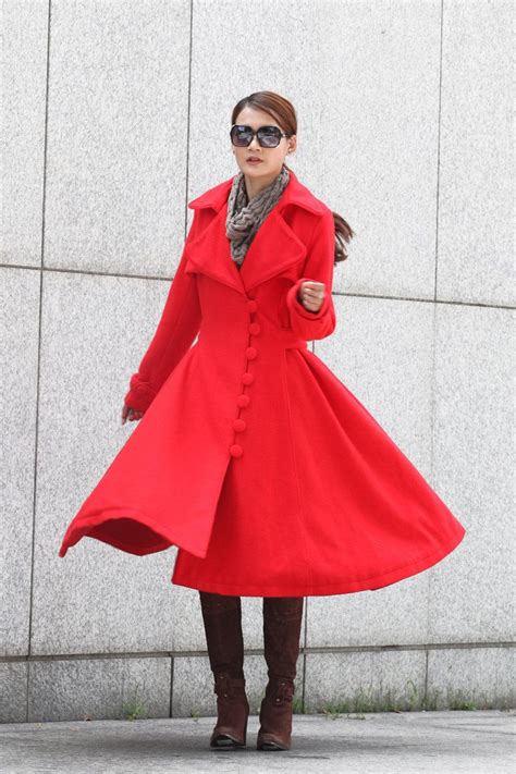 Fire Red Cashmere Coat Big Sweep Women Wool Winter Coat Long Jacket
