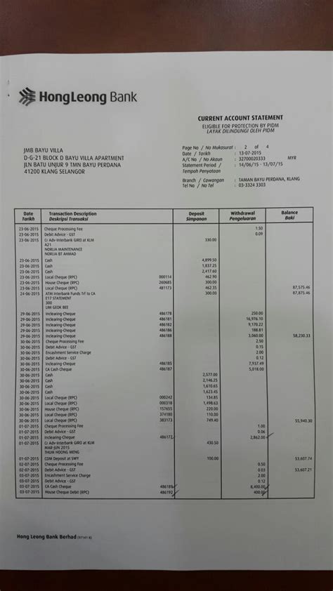 BAYU VILLA APARTMENT KLANG Penyata Kewangan Bank JMB Bayu Villa
