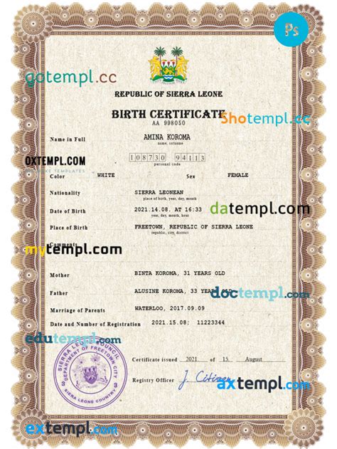 Sierra Leone Vital Record Birth Certificate Psd Template Fully Editable