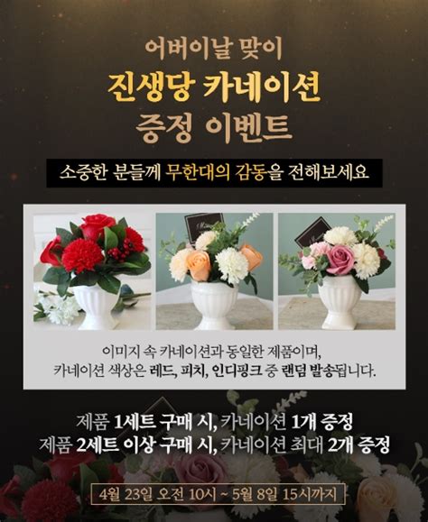 완료 5/6(목) 정기점검 안내 (오전 6시). 면역력 영양제 '진생당 홍삼 씨케이 15mg', 어버이날 카네이션 ...
