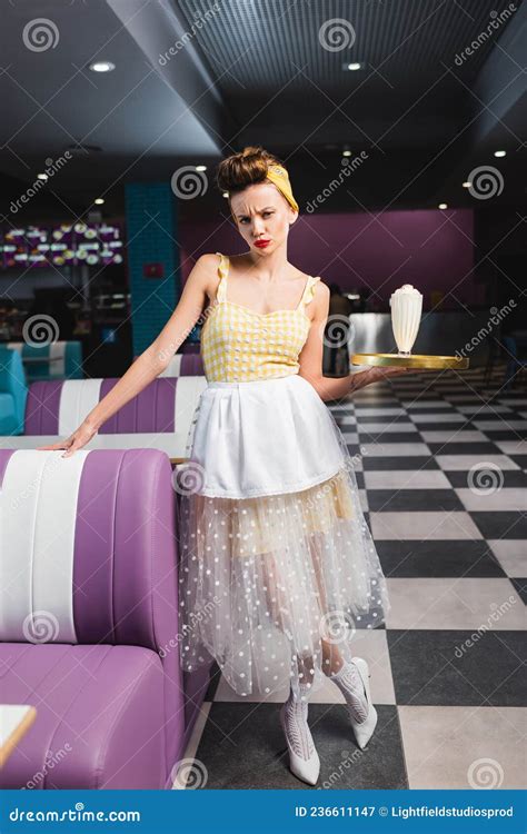 Displeased Pin Up Waitress Holding Tray Stock Image Image Of