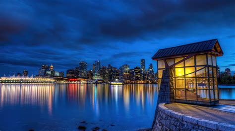 Wallpaper Stanley Park Vancouver Canada Water Night Lights 4k