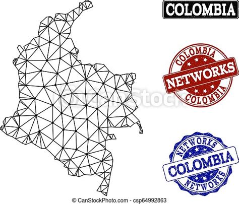 El Mapa Vectorial De La Red Poligonal De Colombia Y Sellos Grunge De La