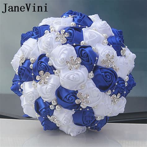 Janevini Royal Blue And White Wedding Bouquet Diamond Fleur Satin