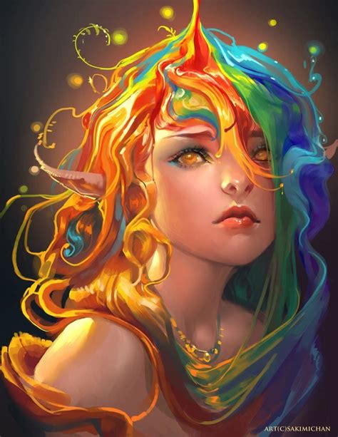 Sakimichan Rainbow Hair Elf Girl Beautiful Fantasy Portrait Digital