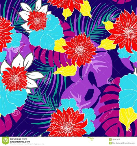 Bright And Colorful Hand Drawn Hawaiian Tropical Leaves And Flowers