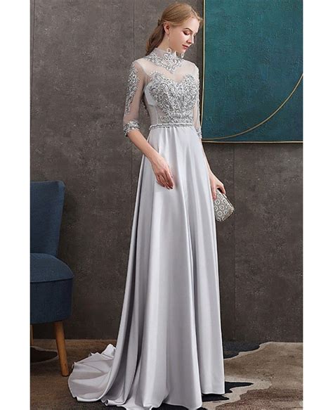 Beaded High Neck Long Grey Satin Formal Dress Elegant With Sheer Half ...
