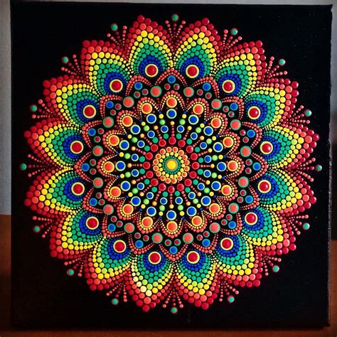 Rainbow Burst Dot Mandala On Black Stretched Canvas 10 X Etsy Rocas