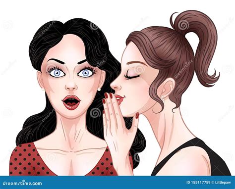 Girls Gossip Comic Style Woman Whispering A Secret To Friend`s Ear Psst Hand Gesture Vector