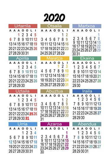 Calendario De Bolsillo En Pvc Vertical Euskera Euskal Digital