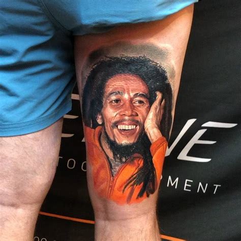 Bob Marley Portrait Tattoo Located On The Thigh