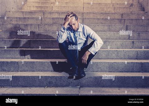 Young Fired Business Man Lost In Depression Crying Abandoned Sitting On