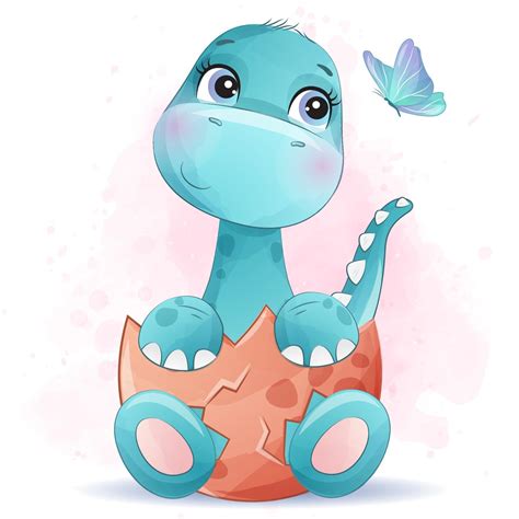 Cute Little Dinosaur With Watercolor Illustration 2063620 Vector Art At