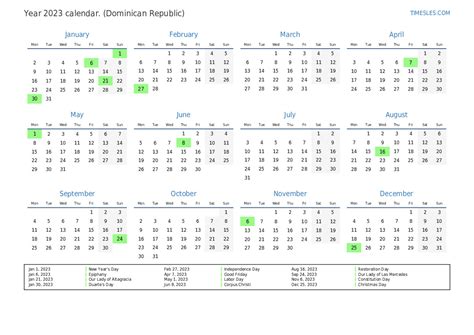Calendar For 2023 With Holidays In Dominican Republic Print And