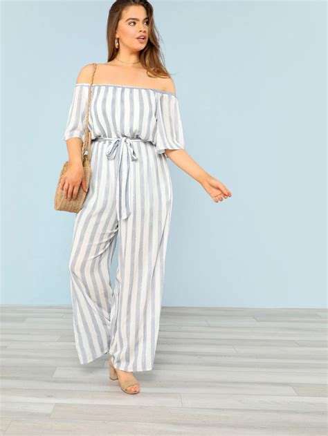 Shein Plus Tie Waist Wide Leg Striped Off Shoulder Jumpsuit Plus Size Jumpsuit Plus Size