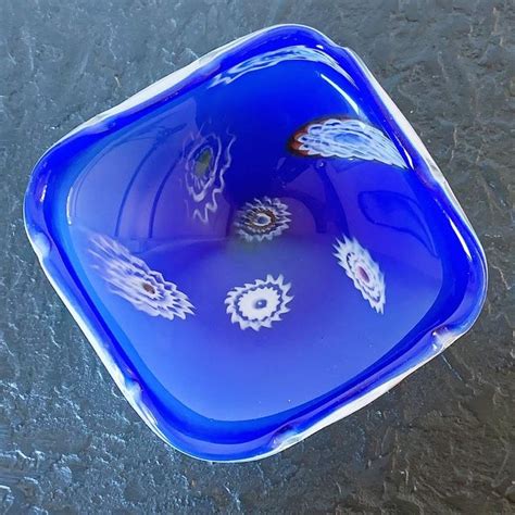 Mid Century Mouth Blown Cobalt Blue And White Glass Trinket Bowl With Stretched Millefiori