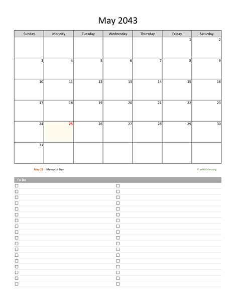 May 2043 Calendar With To Do List