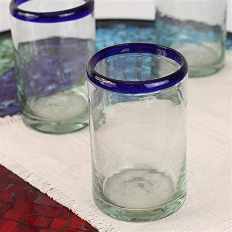 Novica Artisan Crafted Hand Blown Clear Blue Rim Recycled Glass Juice Glasses 14 Oz Classic