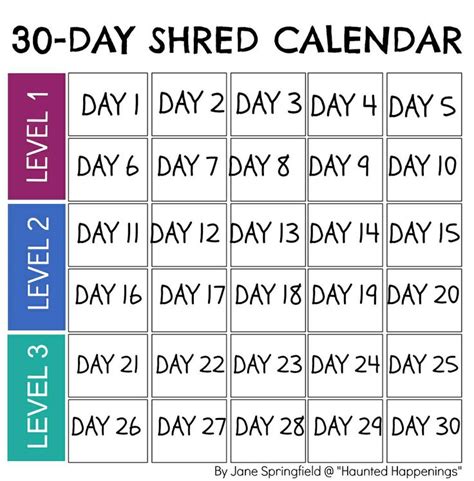 Calendar Template For Jillian Michaels 30 Day Shred To