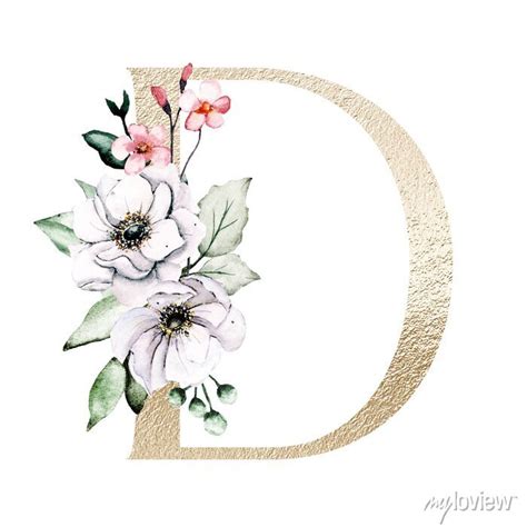 Gold letter d with watercolor flowers and leaves. floral alphabet