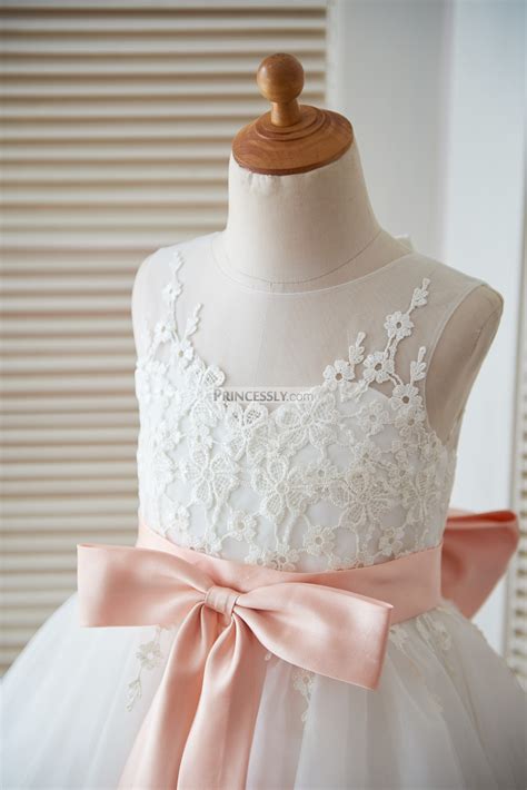 Ivory Lace Tulle Keyhole Back Flower Girl Dress With Blush Pink Bow
