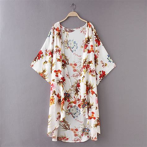 Fashion Kimono Women Beach Blouse V Neck Chiffon Summer Floral Print Blouse Half Sleeves Long