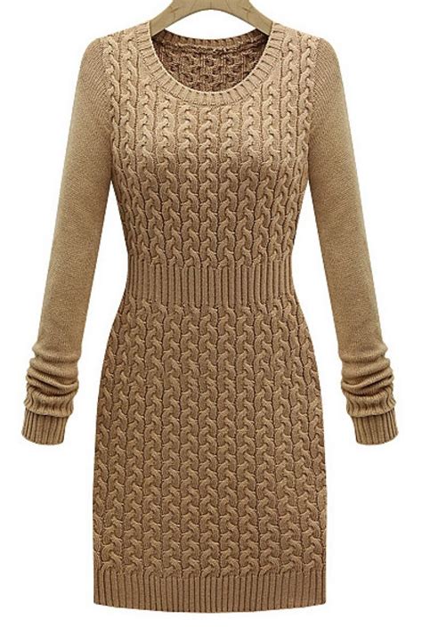 Khaki Long Sleeve Cable Knit Sweater Dress Sweater Dress Women Cable