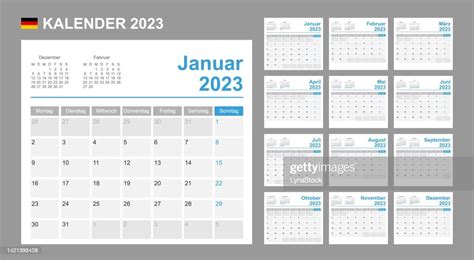 German Calendar For 2023 Week Starts On Monday Simple Vector Template