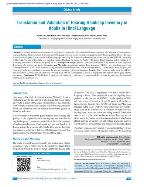 Pdf Translation And Validation Of Hearing Handicap Inventory In