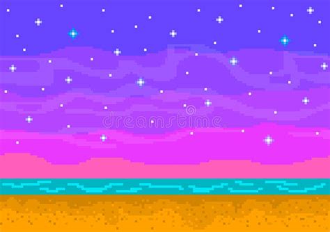 Pixel Art Sunset On The Beach Stock Vector Illustration Of Purple