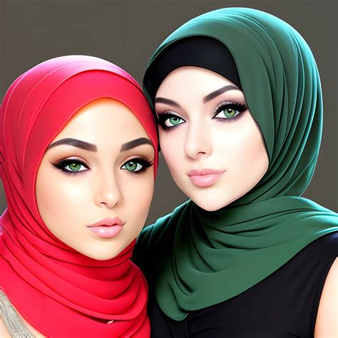 Two Sexy Hijab Babes Model Face Green Eyes Kissing Arthubai