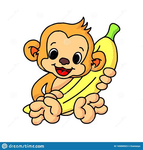 Cartoon Happy Monkey Hanging And Holding Banana Stock Illustration