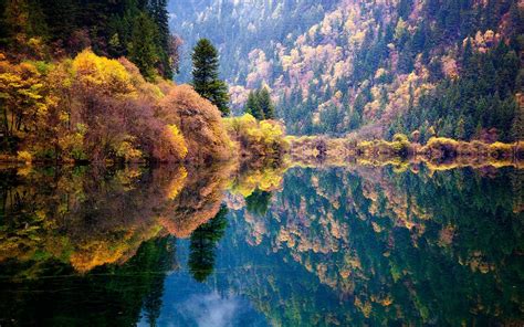 Nature Landscape Blue Reflection Fall Forest Lake Mountain Colorful Water China Trees