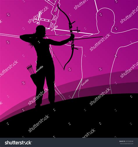 Active Young Archery Sport Man And Woman Silhouettes In Abstract