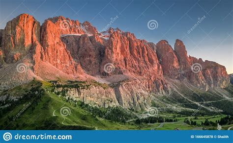 Red Sunset At Passo Gardena In Dolomites Italy Stock Photo Image Of