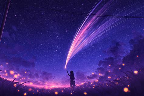 2560x1700 Anime Girl And Cool Starry Sky Chromebook Pixel Wallpaper Hd