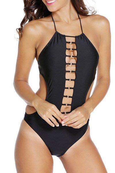 2018 Stylish Halter Hollow Out Lace Up Women S Swimsuit In Black S