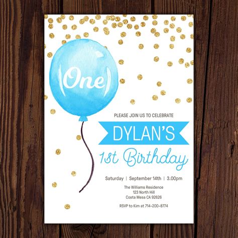 Blue Balloon Birthday Party Invitation First Birthday Boy Etsy
