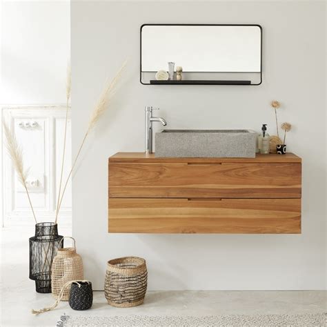 E magnifique meuble salle de bain bois massif aux formes arrondies apportera à votre intérieur un charme authentique grâce à son vieux pin recyclé, son plateau en pierre bleue et sa vasque en porcelaine. Meuble de salle de bain en bois de teck suspendu 115 ...
